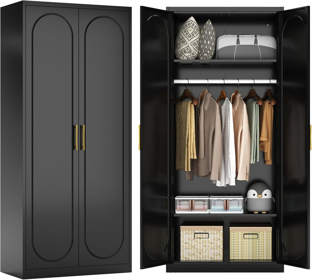 Metal Armoire Wardrobe Closet with 2 Doors, 71" Black Wardrobe Cabinet with Hanging Rod and
