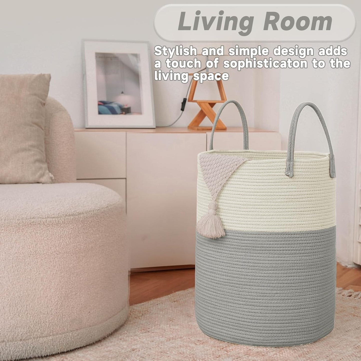 Large Woven Laundry Basket Hamper,80L Cotton Rope Storage Bin for Blankets,Toys and
