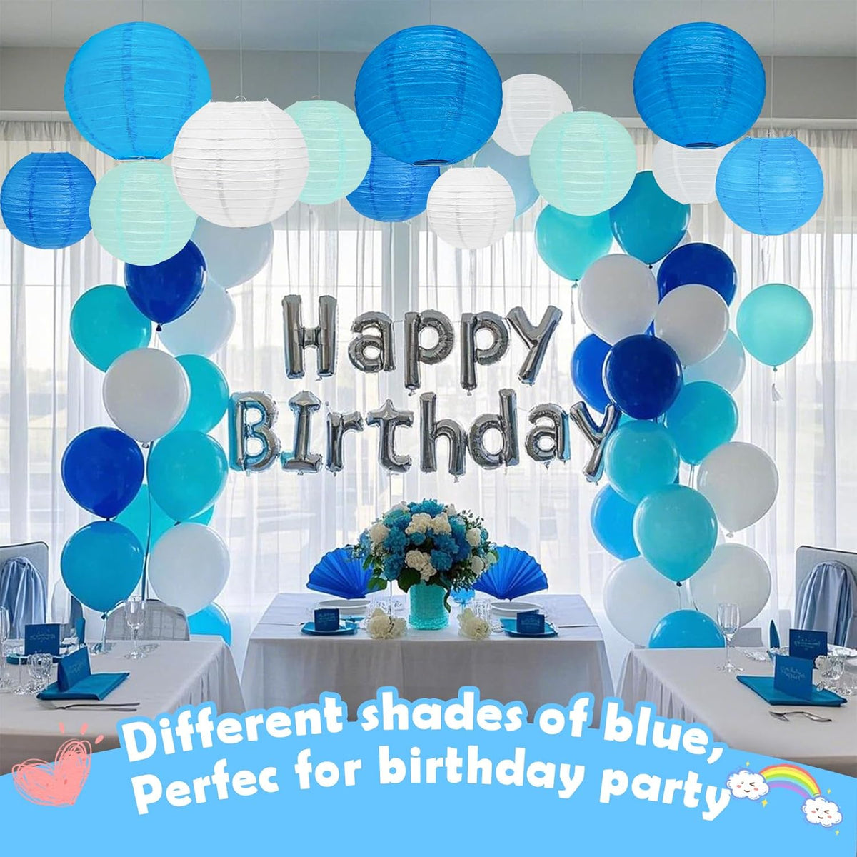 12Pcs Blue and White Paper Lanterns Assorted Sizes (6" 8" 10" 12") for Home Decor, Wedding