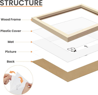 upsimples 8x10 Picture Frame, Natural Solid Wooden Picture Frames, Display 5x7 with Mat or 8 x 10