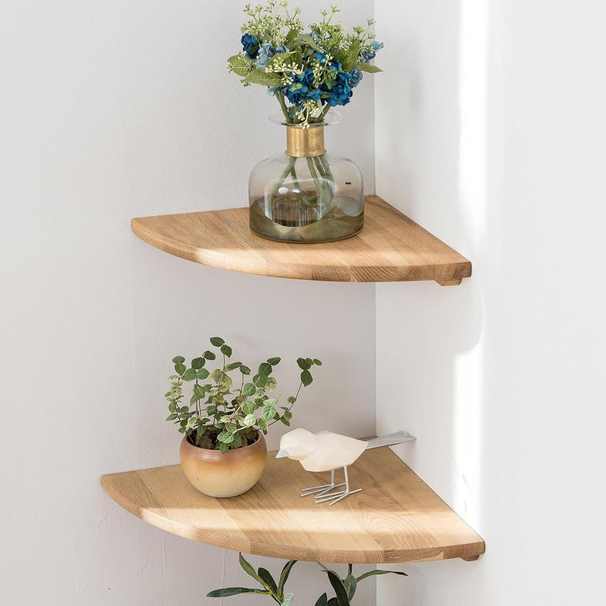 Corner Shelves, Floating Corner Shelf, Set of 2 Solid Oak Wood Wall Shelves, Round End Wall Mount