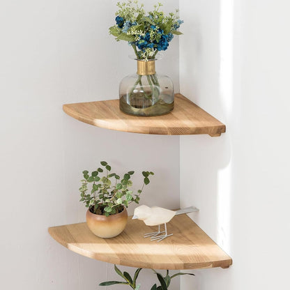 Corner Shelves, Floating Corner Shelf, Set of 2 Solid Oak Wood Wall Shelves, Round End Wall Mount