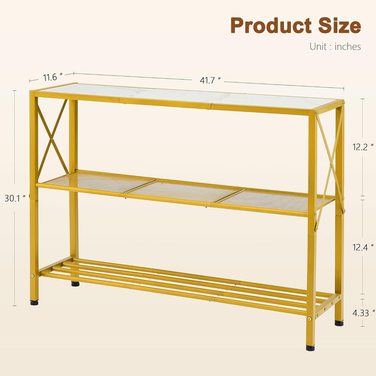 Hoctieon Gold Console Table, 3 Tier Entryway Table, Hallway Table, Narrow Sofa Table with Shelves