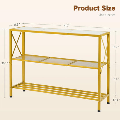 Hoctieon Gold Console Table, 3 Tier Entryway Table, Hallway Table, Narrow Sofa Table with Shelves