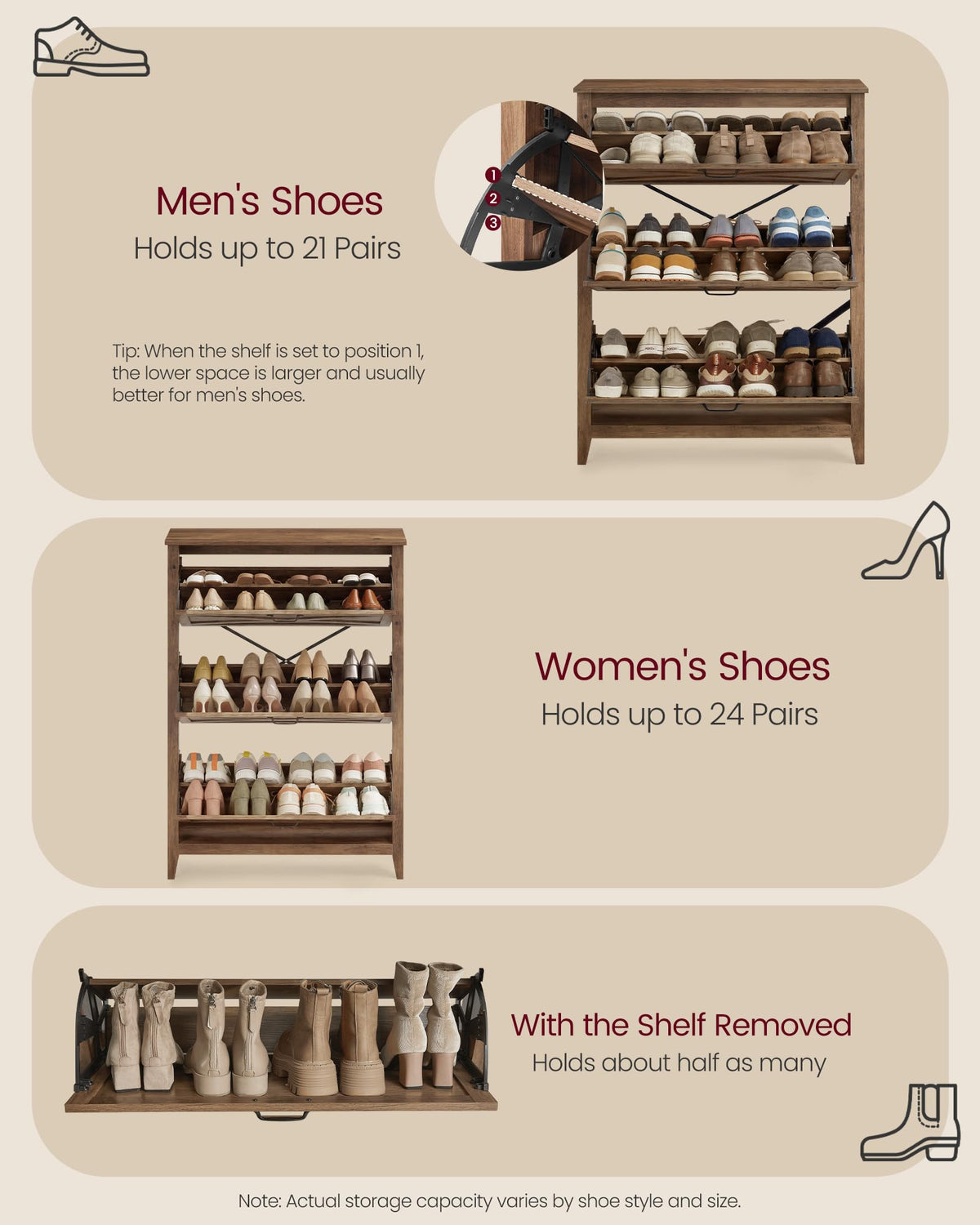 VASAGLE LIRY Collection - Shoe Storage Cabinet Organizer with 3 Flip Drawers, Freestanding Narrow