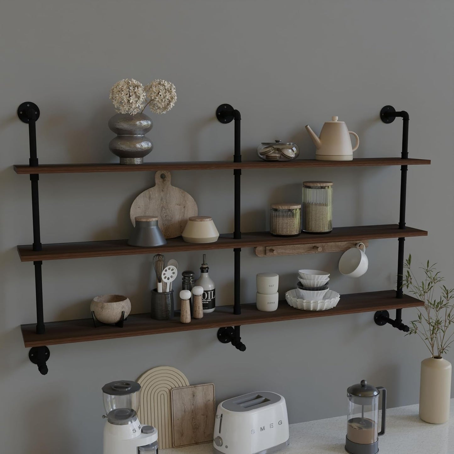 ROGMARS Industrial Pipe Wall Shelves Pipe Shelving,Natural Wood 60 Inches Long Walnut Floating