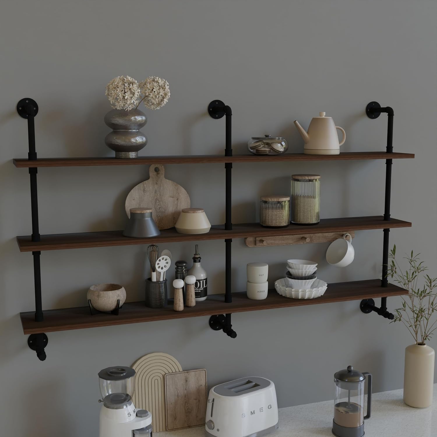 ROGMARS Industrial Pipe Wall Shelves Pipe Shelving,Natural Wood 60 Inches Long Walnut Floating