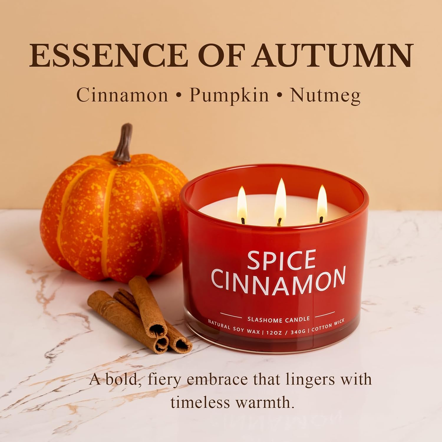 Cinnamon Spice Fall Candle, Large 3 Wick 12oz Luxury Candle, Elegant Autumn Gift for Women & Men