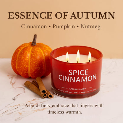 Cinnamon Spice Fall Candle, Large 3 Wick 12oz Luxury Candle, Elegant Autumn Gift for Women & Men