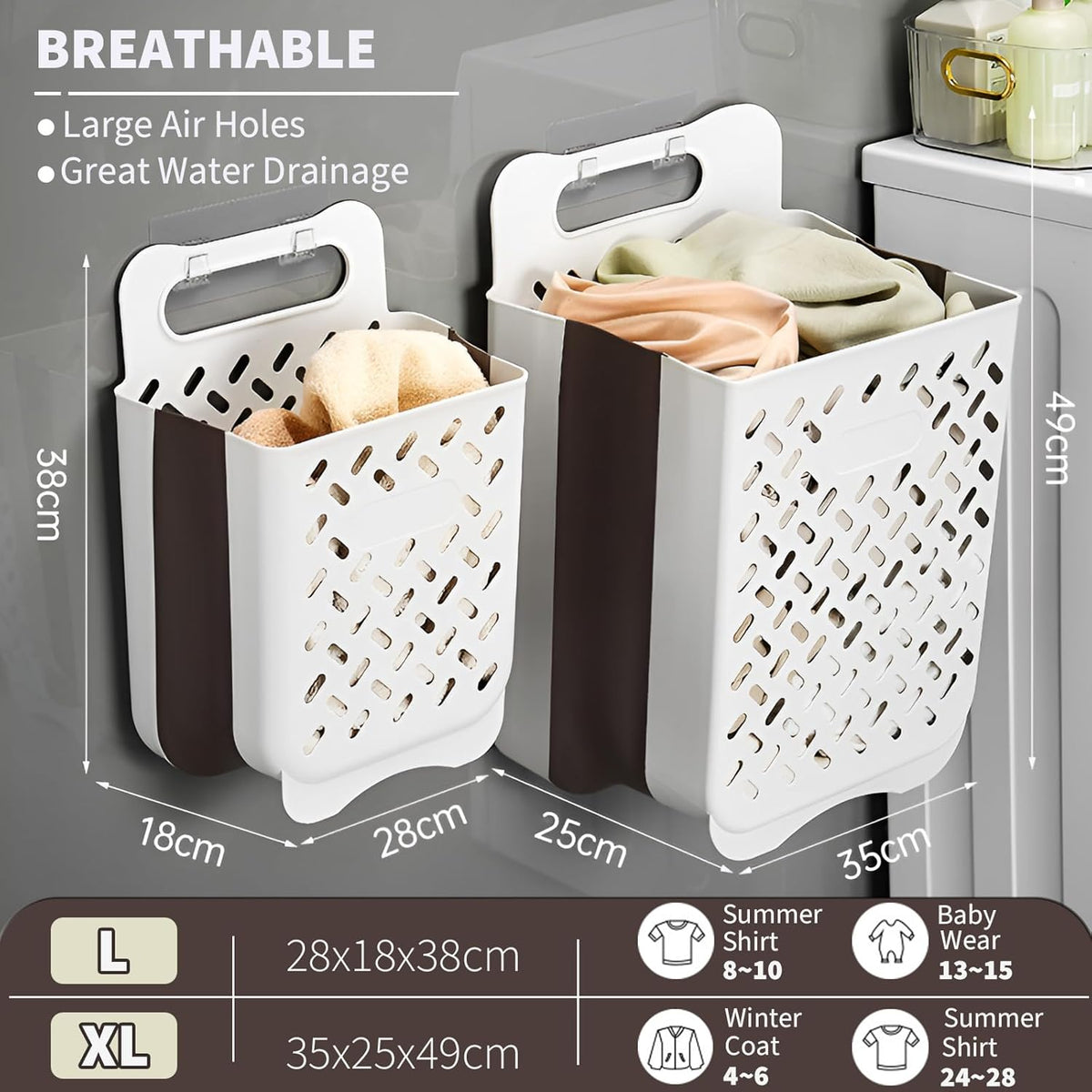 Plastic Collapsible Hanging Laundry Baskets with Carry Handle, Space-Saving Wall Hanging Laundry