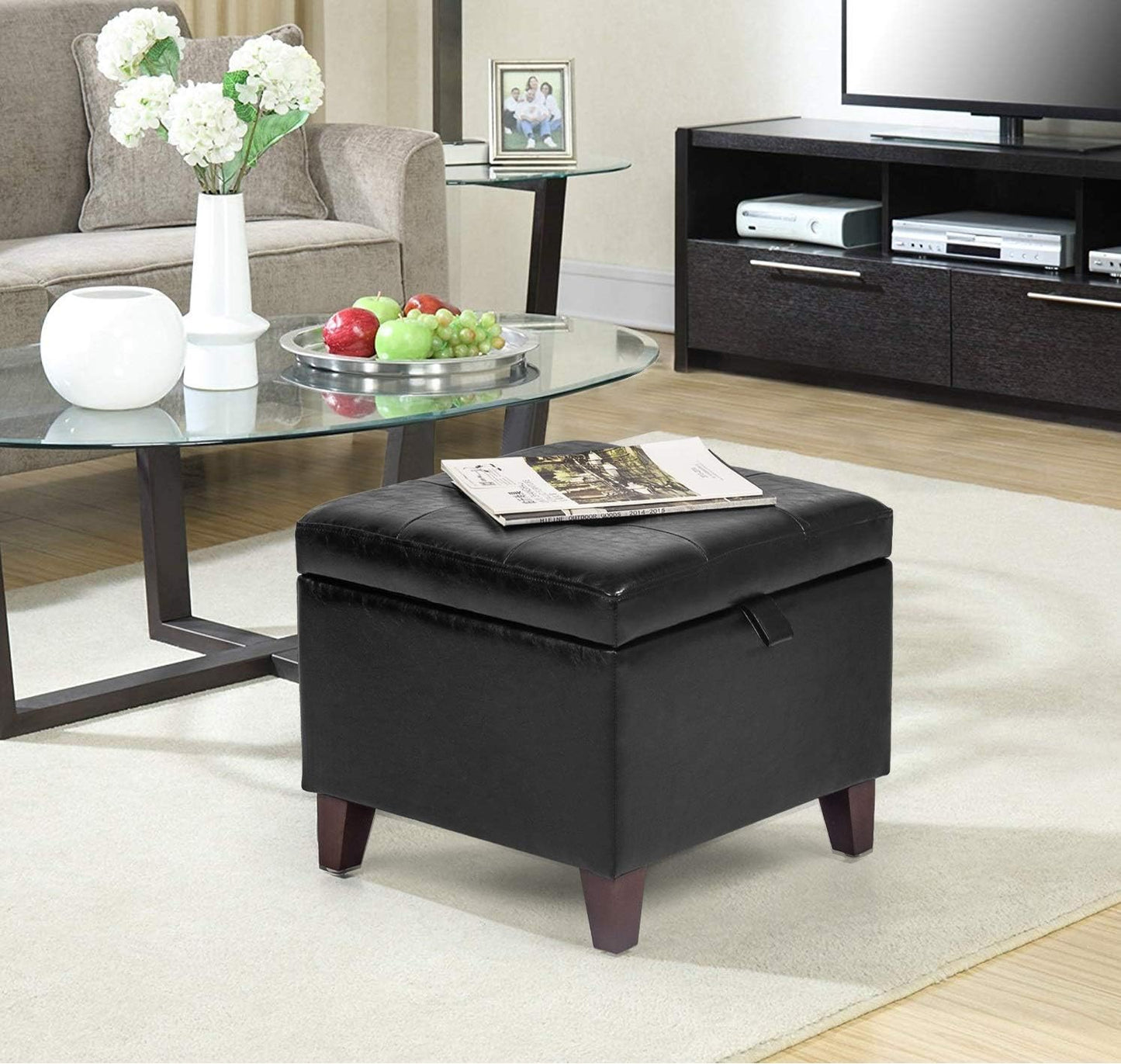 Adeco Storage Ottoman Foot Rest Stool, Leather Ottoman Footstool with Solid Wood Legs and Hinged