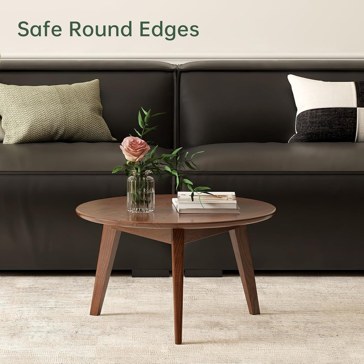 100% Solid Oak Wood Mini Coffee Table, Round Living Room Table Side Table w/Solid Wood Legs, Walnut