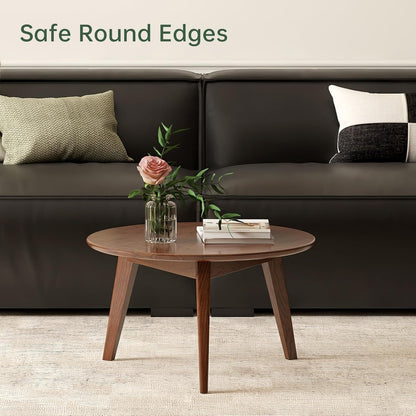 100% Solid Oak Wood Mini Coffee Table, Round Living Room Table Side Table w/Solid Wood Legs, Walnut