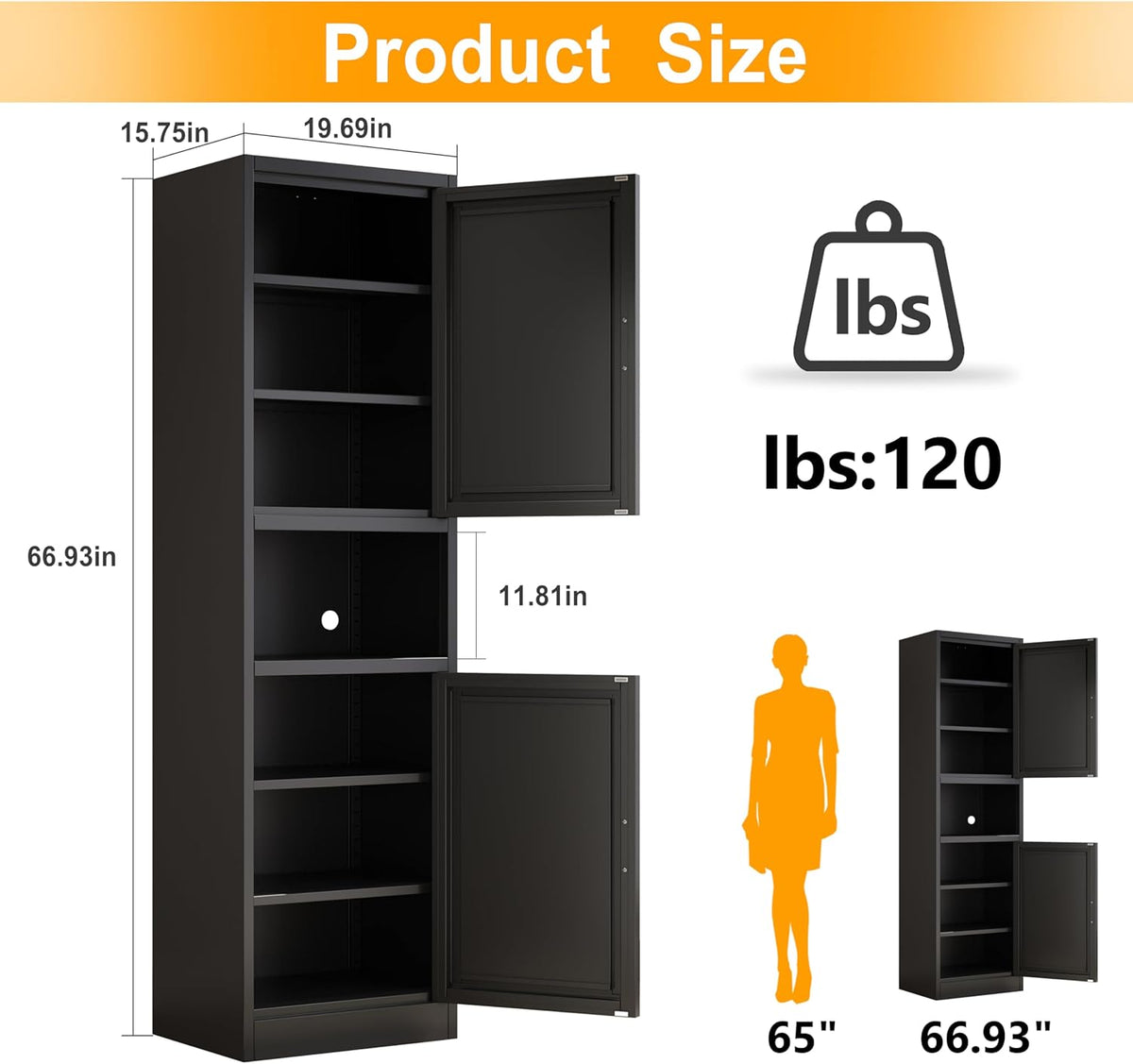 Tall Narrow Storage Cabinet 66.93" H Tall Bathroom Cabinet Metal Pantry Cabinets, 4 Adjustable