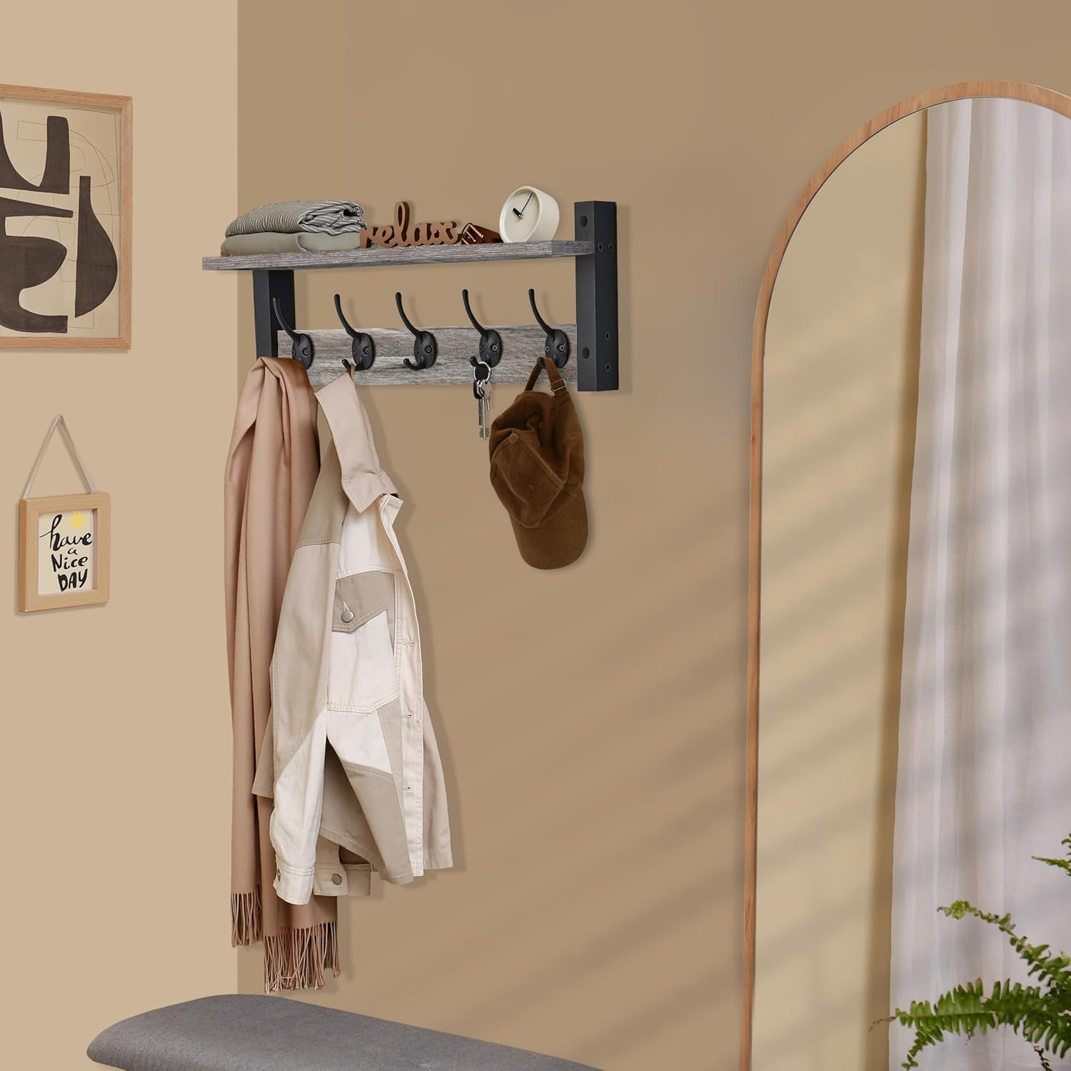 Sorbus Coat Hooks Wall Mount with Shelf – 24 Inch Coat Rack Wall Mount with 5 Heavy Duty Hooks