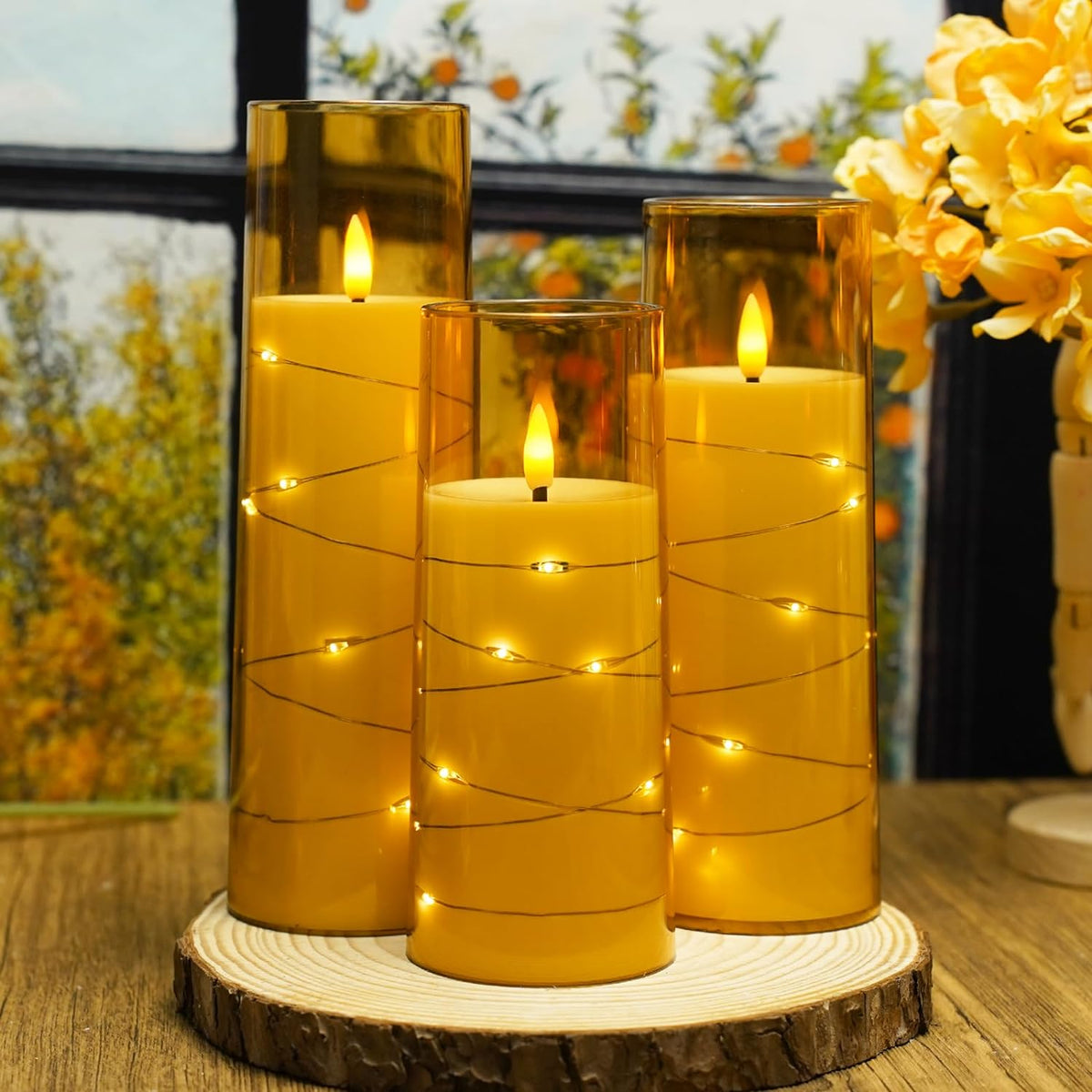 Flickering Flameless LED Candles,Battery Operated Candles 9 Pcs with Embedded Star String,Acrylic