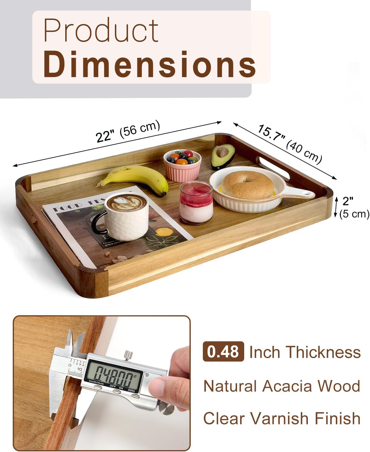22 Inches Acacia Wood Serving Tray with Handles, Large Wooden Rectangle Ottoman Tray, Nice Home