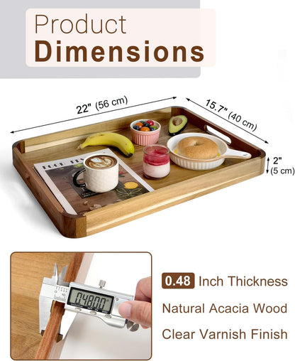 22 Inches Acacia Wood Serving Tray with Handles, Large Wooden Rectangle Ottoman Tray, Nice Home