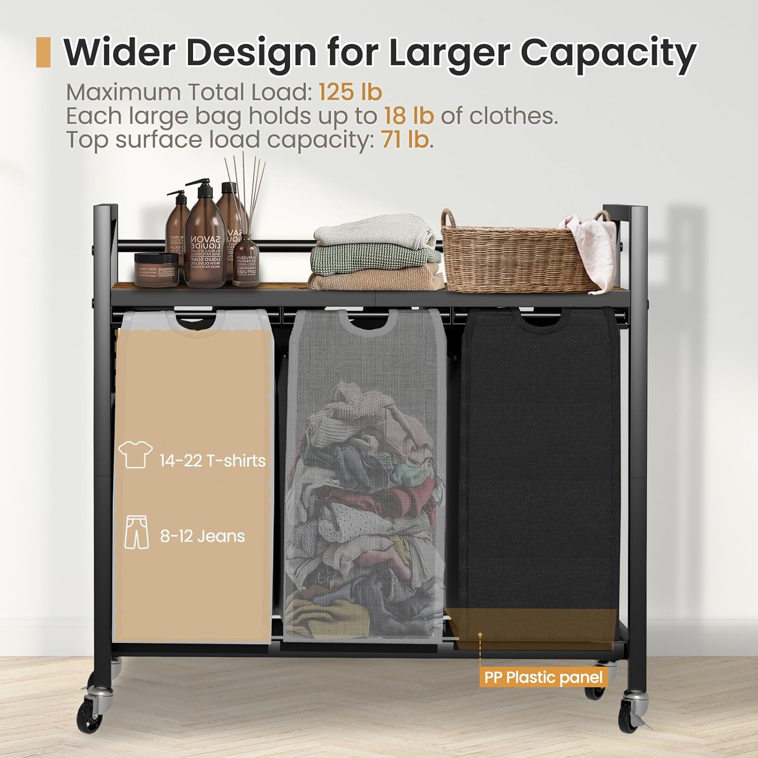 Laundry Hamper, Laundry Basket, Laundry Sorter with 3 Removable Bags, Clothes Basket with 3