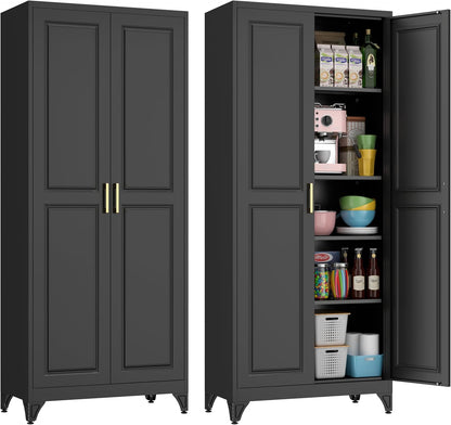 75" Kitchen Pantry Cabinet, Black Metal Storage Cabinets with 2 Doors and 4 Adjustable Shelves