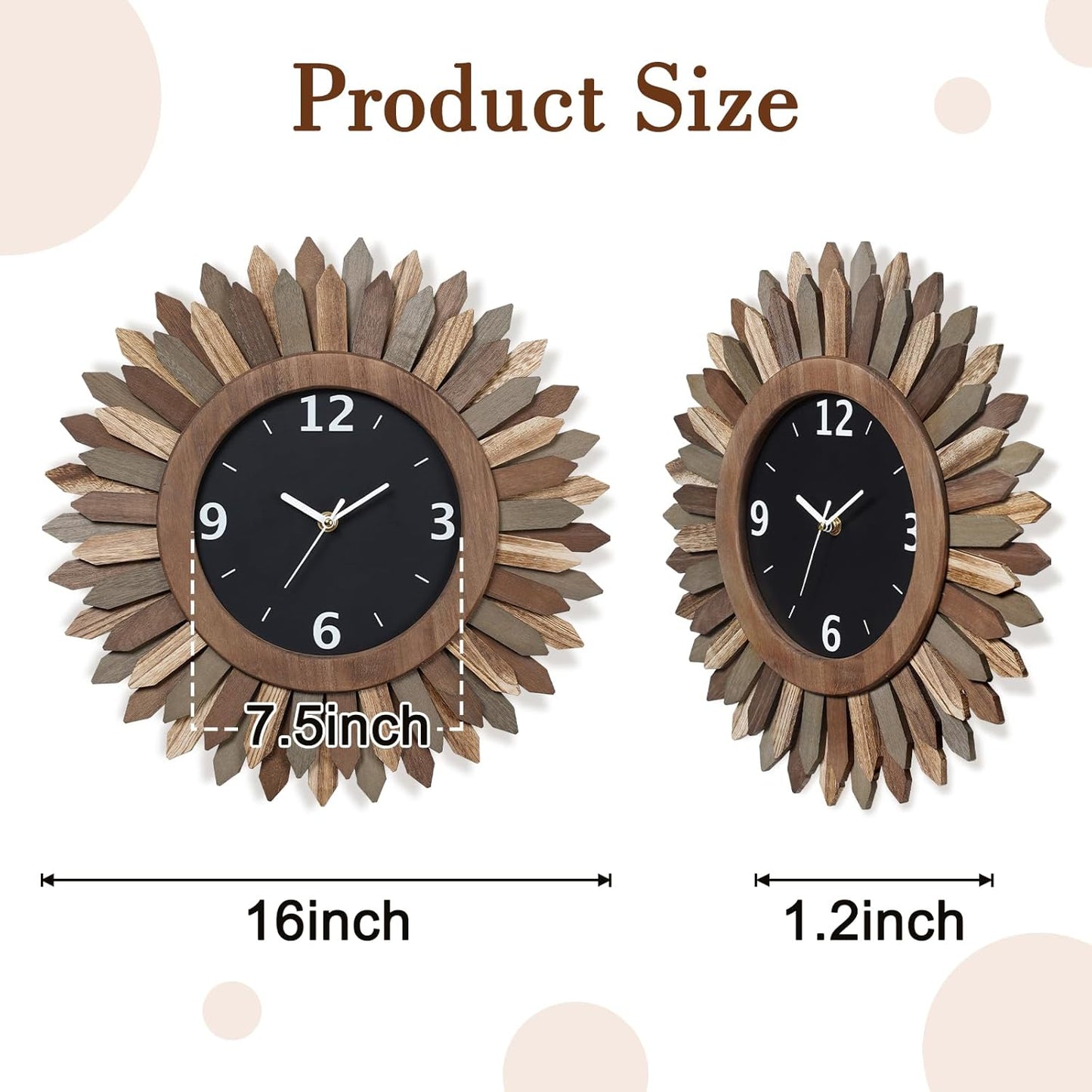 Honiway 16 Inch Wall Clocks, Rustic Wood Boho Sunburst Decorative Wall Clock Battery Operated