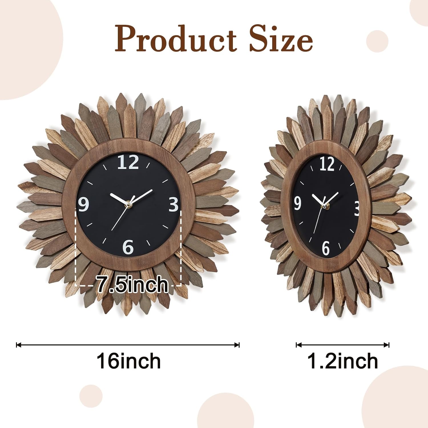 Honiway 16 Inch Wall Clocks, Rustic Wood Boho Sunburst Decorative Wall Clock Battery Operated