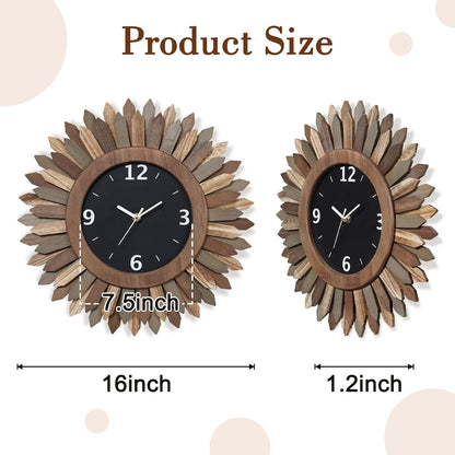 Honiway 16 Inch Wall Clocks, Rustic Wood Boho Sunburst Decorative Wall Clock Battery Operated