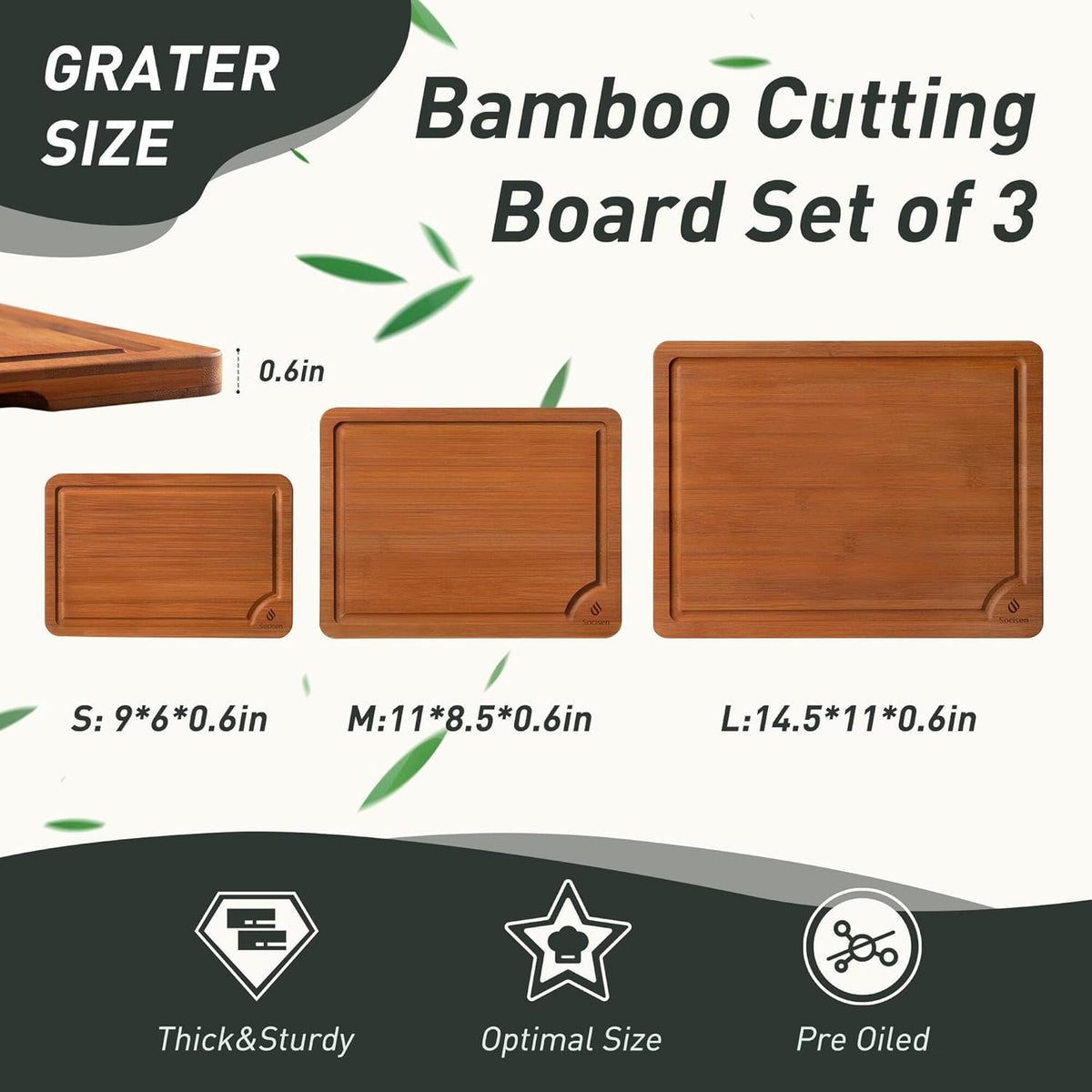 3 Packs Bamboo Cutting Board Set with Non Slip Feet and Over Sink Nice Solid Thick Wood Juice