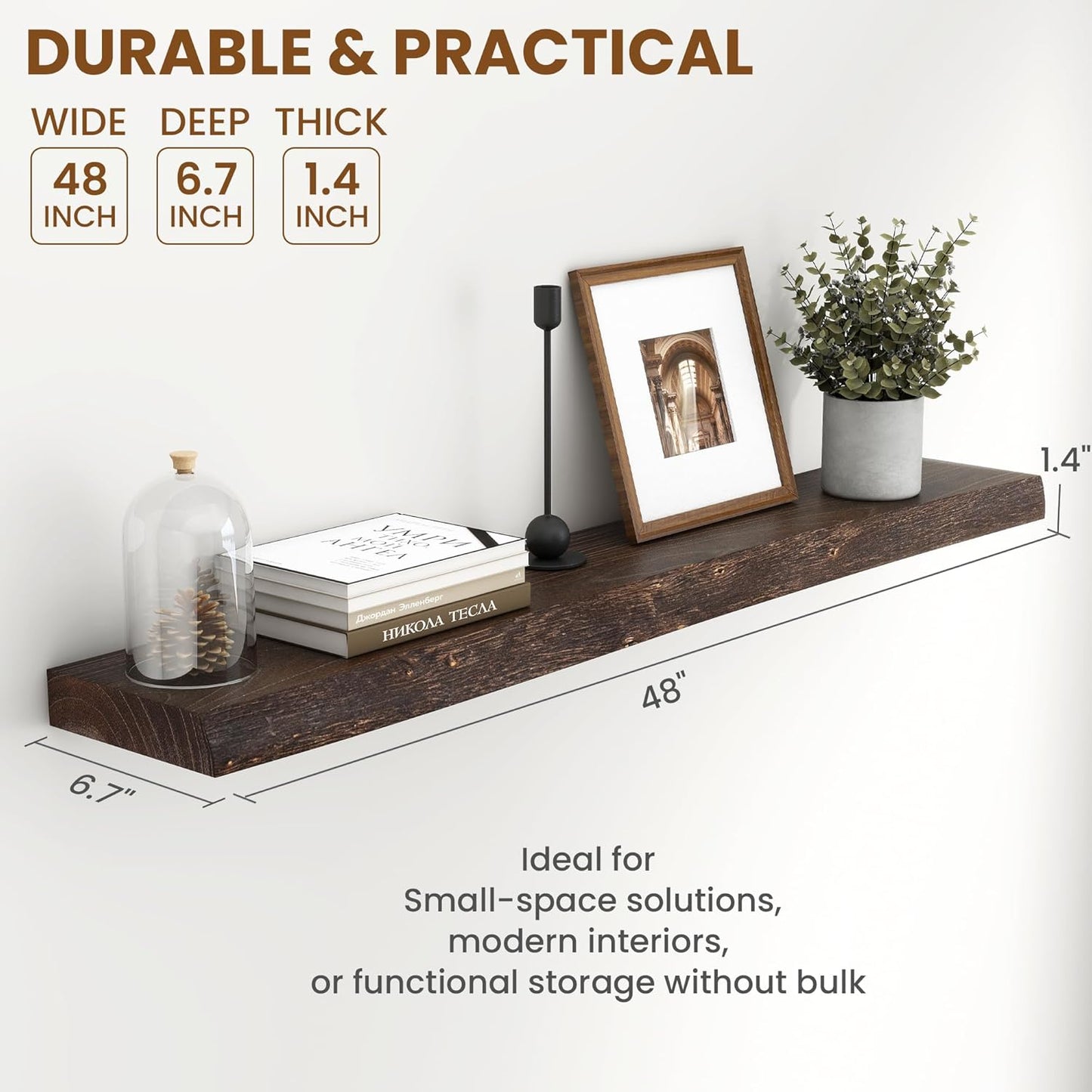 Fun Memories 48" Floating Shelves for Wall, Live Edge Solid Elm Wood Floating Shelf with Invisible