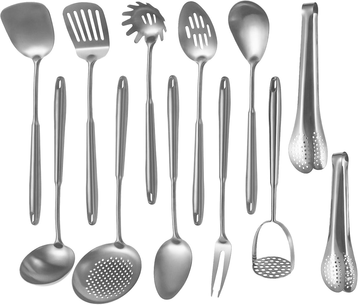 304 Stainlss Steel Kitchen Utensils Set, 12 Pcs Long Metal Cooking Utensil Gadgets Tools Set with