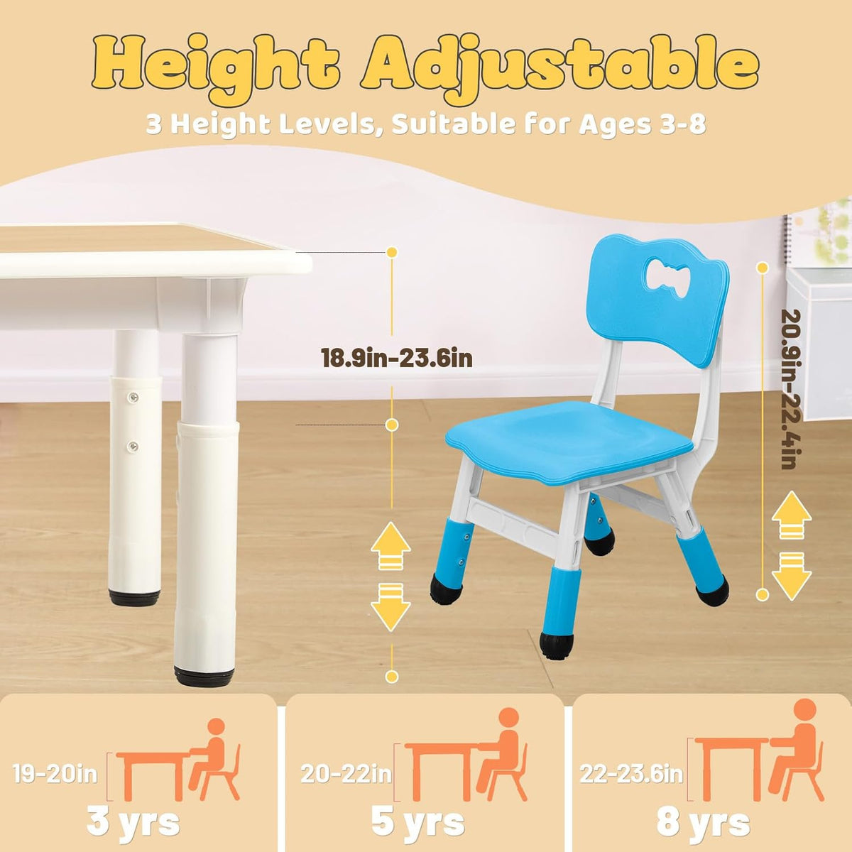 FUNLIO Kids Table and 4 Chairs Set for Ages 3-8, Height Adjustable Toddler Table and Chair Set