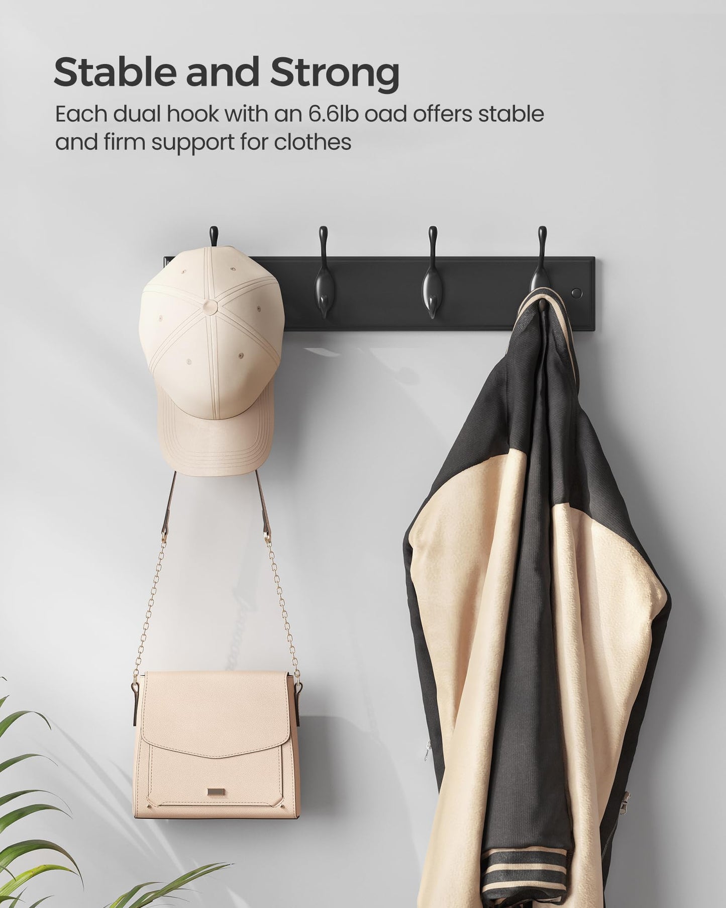 SONGMICS Wall-Mounted Coat Rack, Hook Rack, 4 Dual Metal Hooks, Black