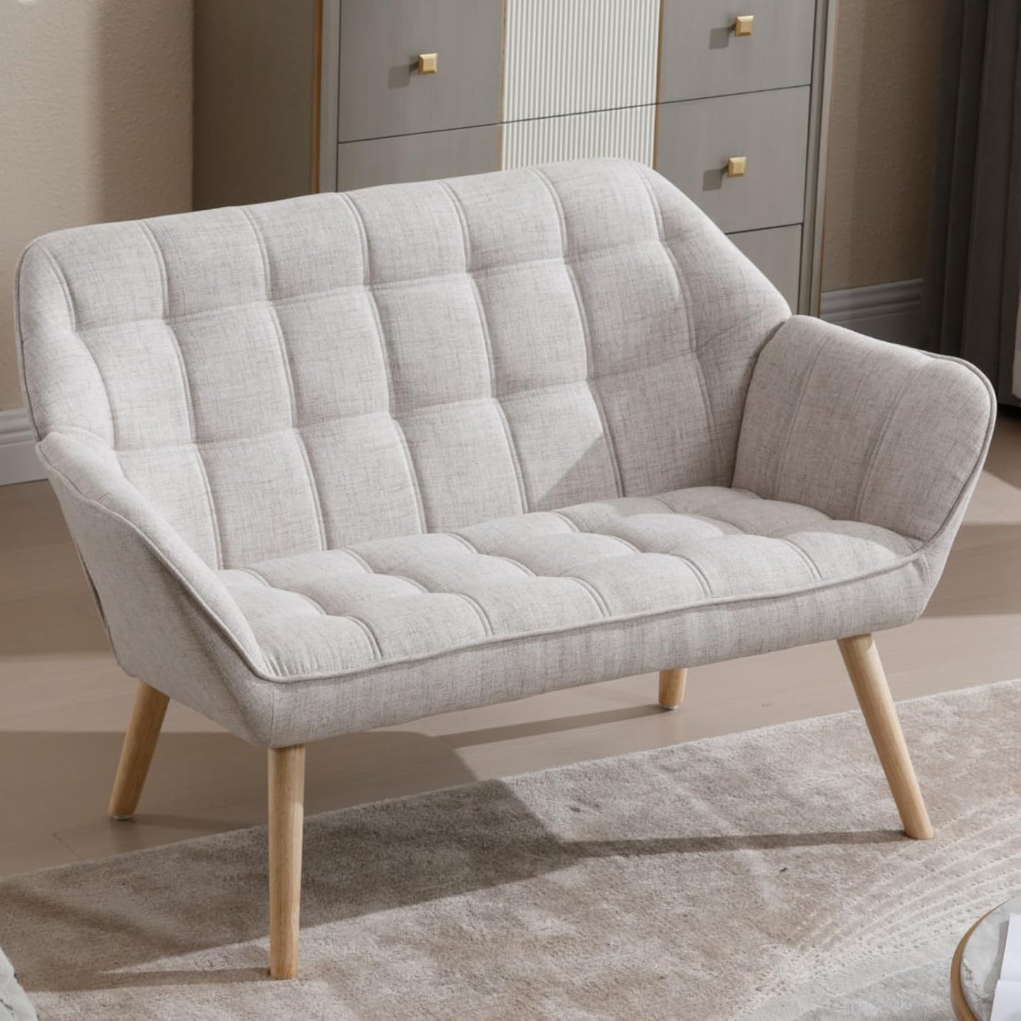 48" Small Loveseat Sofa, Modern Linen Fabric Mini Sofa Couch 2-Seater Love Seat with Quilting Backs
