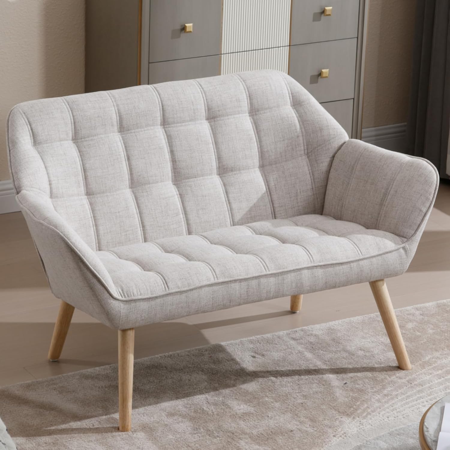 48" Small Loveseat Sofa, Modern Linen Fabric Mini Sofa Couch 2-Seater Love Seat with Quilting Backs