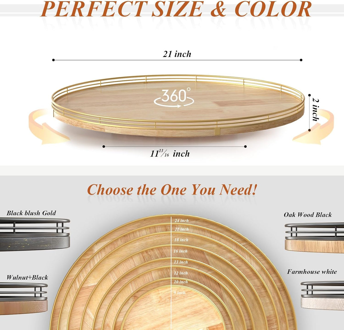 21-Inch Wooden Lazy Susan Turntable – Premium Oak & Iron, Extra Large Rotating Serving Tray for