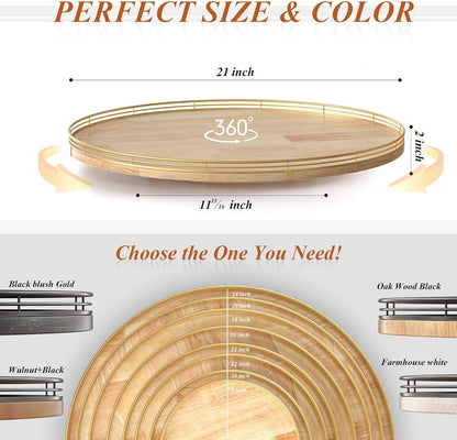 21-Inch Wooden Lazy Susan Turntable – Premium Oak & Iron, Extra Large Rotating Serving Tray for