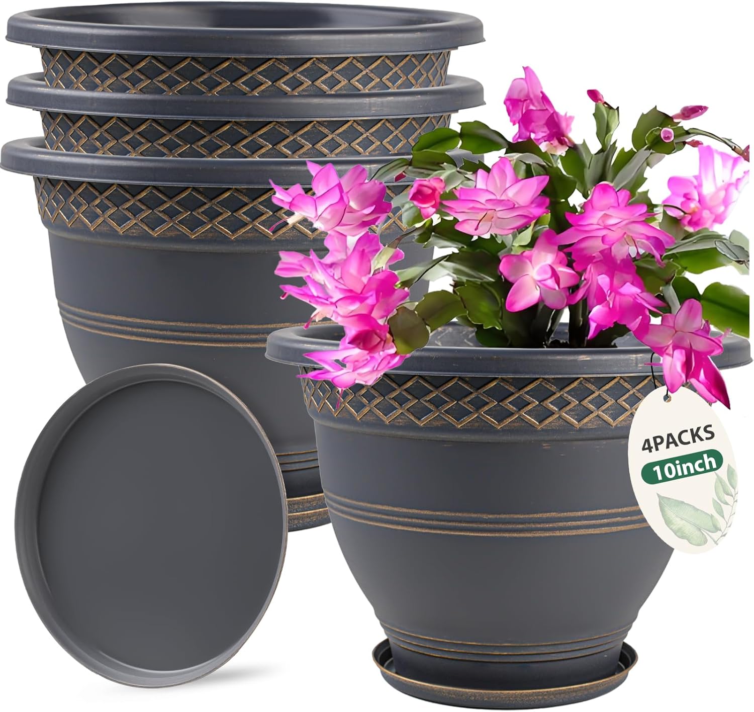 10 Inch 4 Pack Large Plant Pots, Plastic Flower Pot for Indoor & Outdoor with Drainage Holes &
