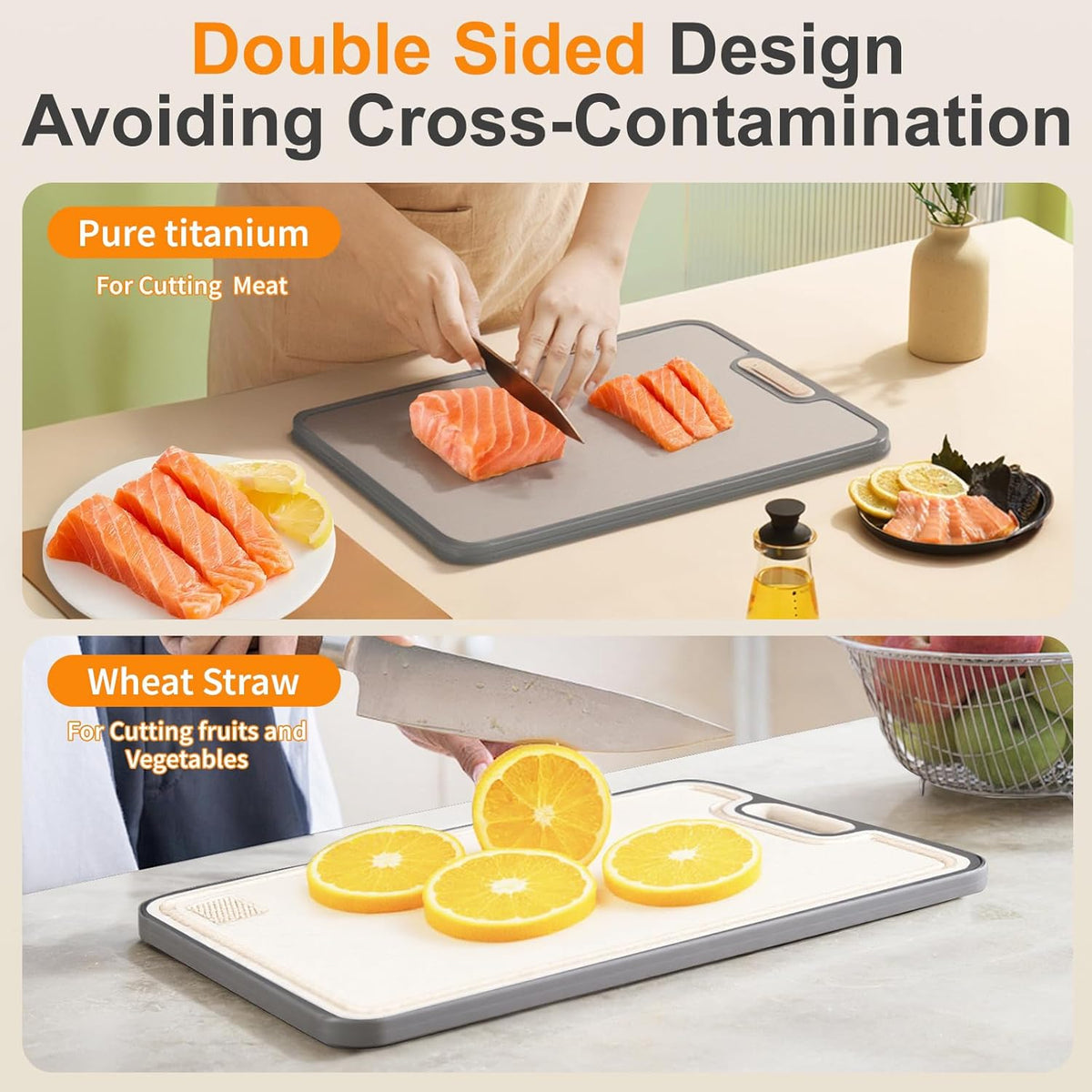 Titanium cutting boards for Kitchen,Double Sided Food Grade,Pure Titanium and Wheat Straw PP