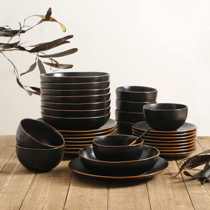 Stone Lain Brasa Stoneware 32 Piece Dinnerware, Plates and Bowls Sets for 8, Black, Glossy