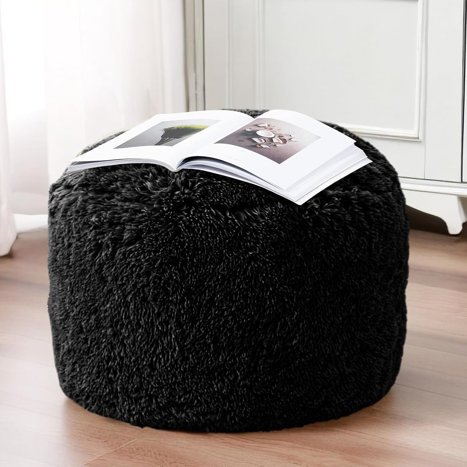 HIGOGOGO Round Stuffed Pouf Ottoman, Long Faux Fur Poufs with Foam Chunk Filling, Fluffy and Furry