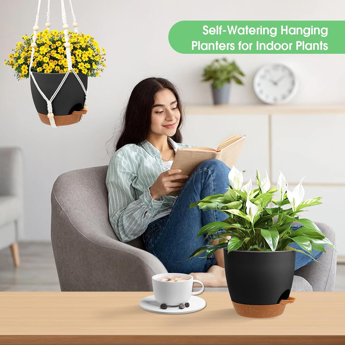 Hanging Planters for Indoor Outdoor Plants, 2 Pack Self Watering Hanging Pots, Hanging Plant