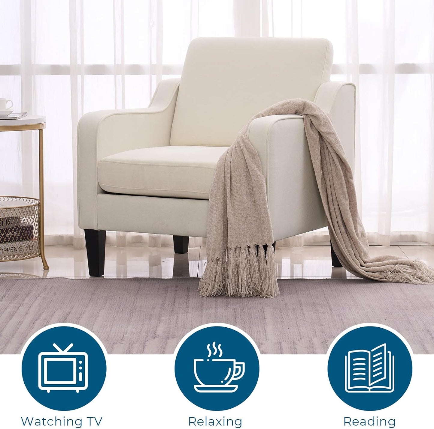VINGLI Mid Century Modern Accent Chair, Beige Fabric Accent Chairs for Living Room Upholstered