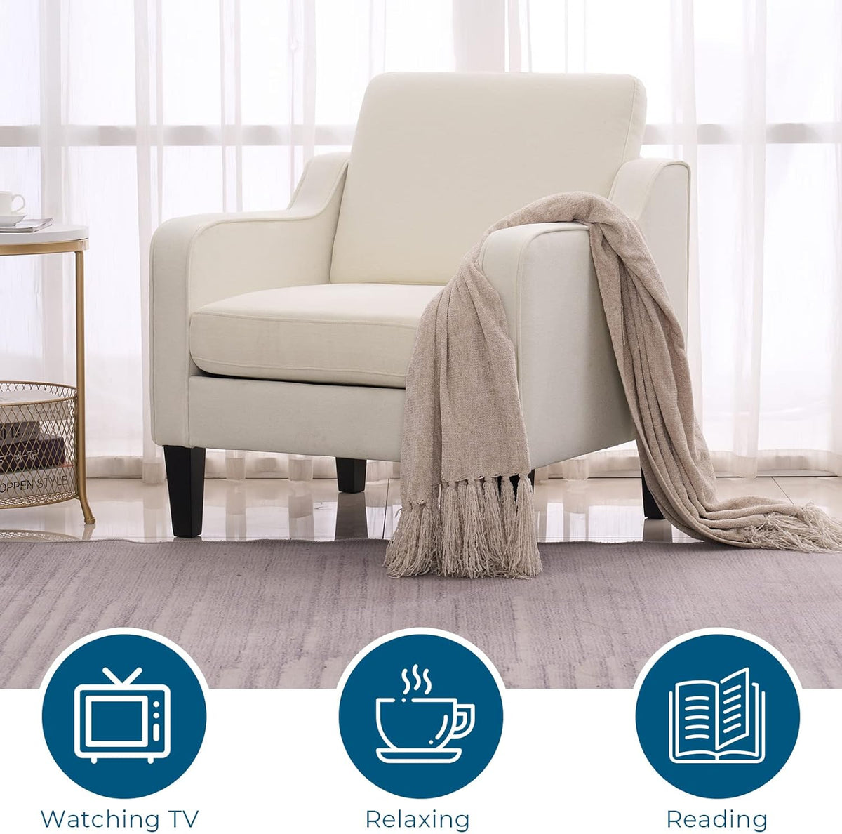 VINGLI Mid Century Modern Accent Chair, Beige Fabric Accent Chairs for Living Room Upholstered