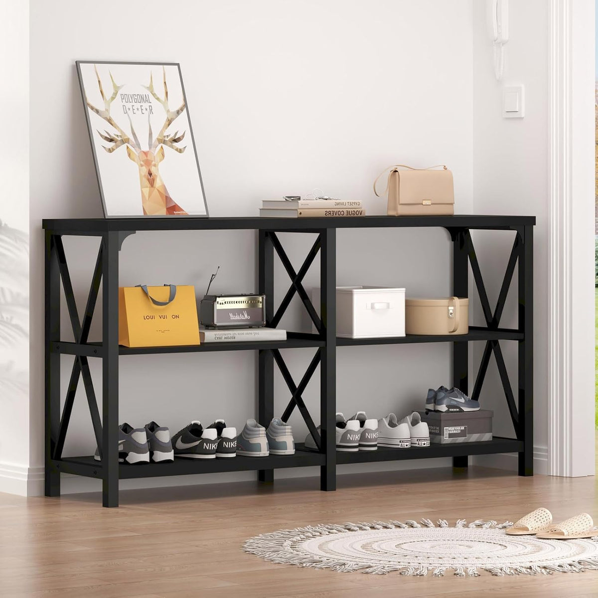 LVB Black Console Table, Modern Entryway Table with 3 Tier Storage Shelves, Industrial Sofa Table