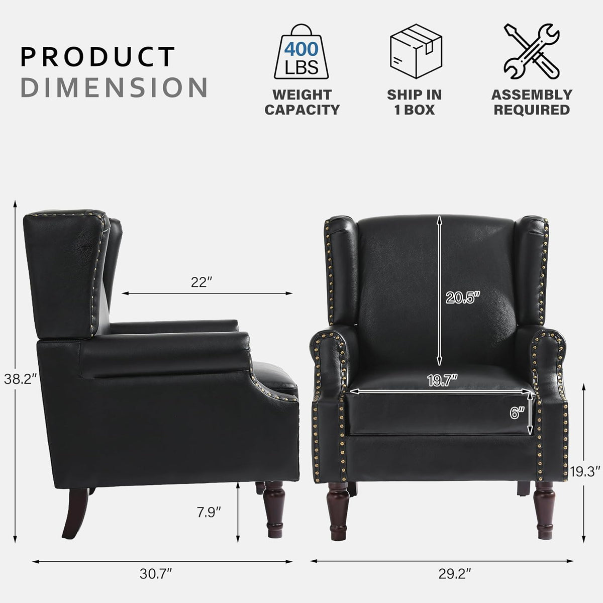 Accent Chairs, Faux Leather High Back Armchair Set of 2 or Living Room, Comfy Upholstered Single