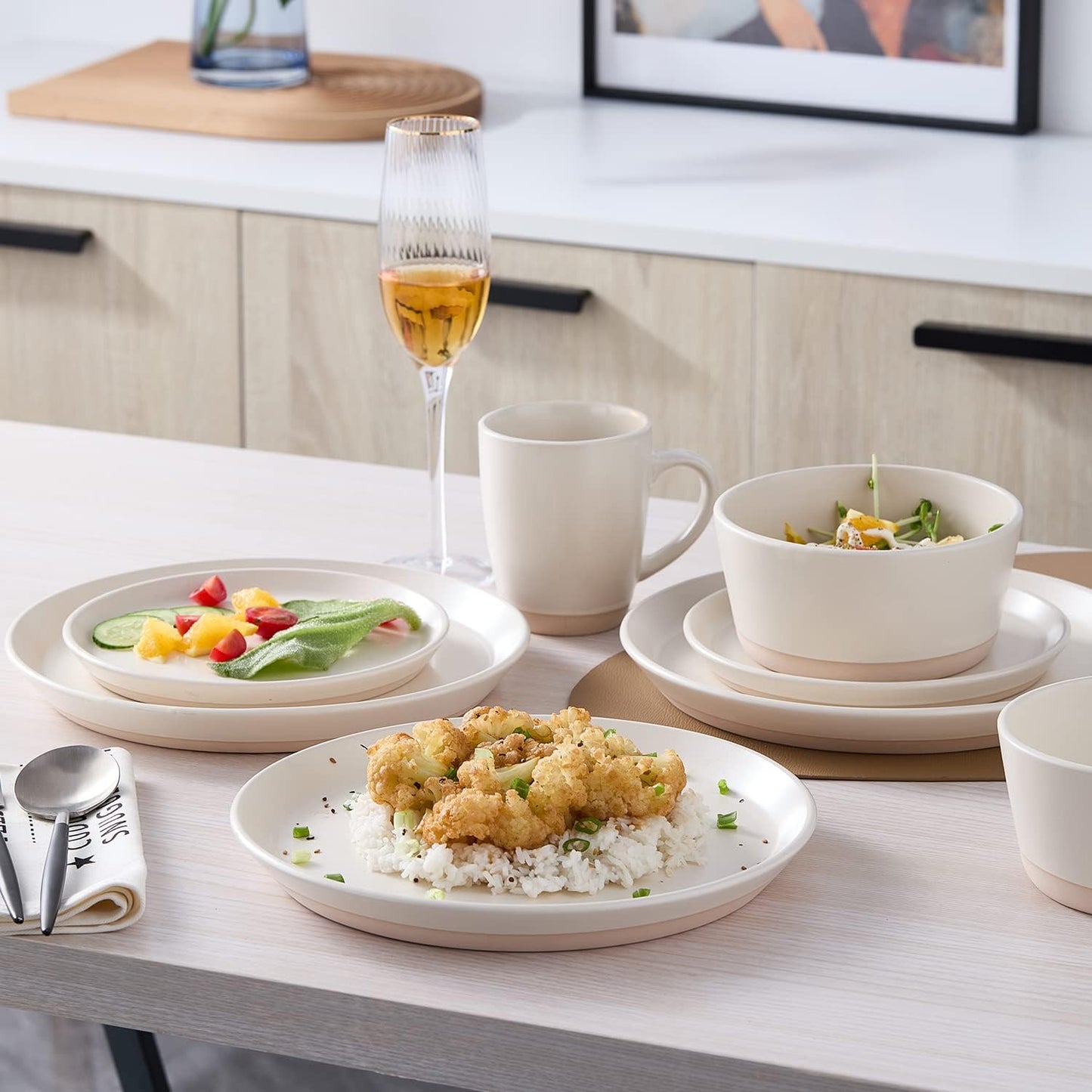 Stone Lain Jules Stoneware Dinnerware, Plates and Bowls, Dish Set for 4, Off White, Microwave &