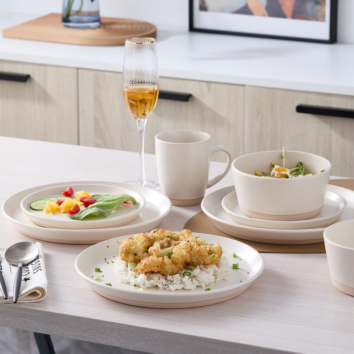 Stone Lain Jules Stoneware Dinnerware, Plates and Bowls, Dish Set for 4, Off White, Microwave &