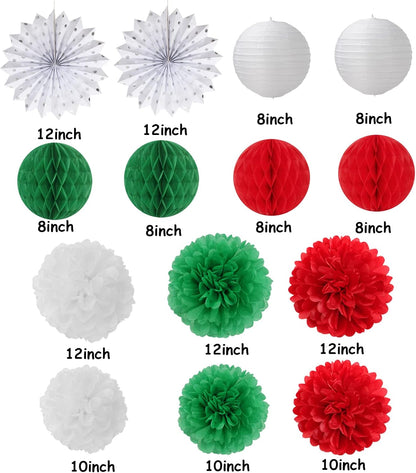 Red-Green White Party Decorations - 14pcs Winter Birthday New Year Paper Lanterns Fan,Italian
