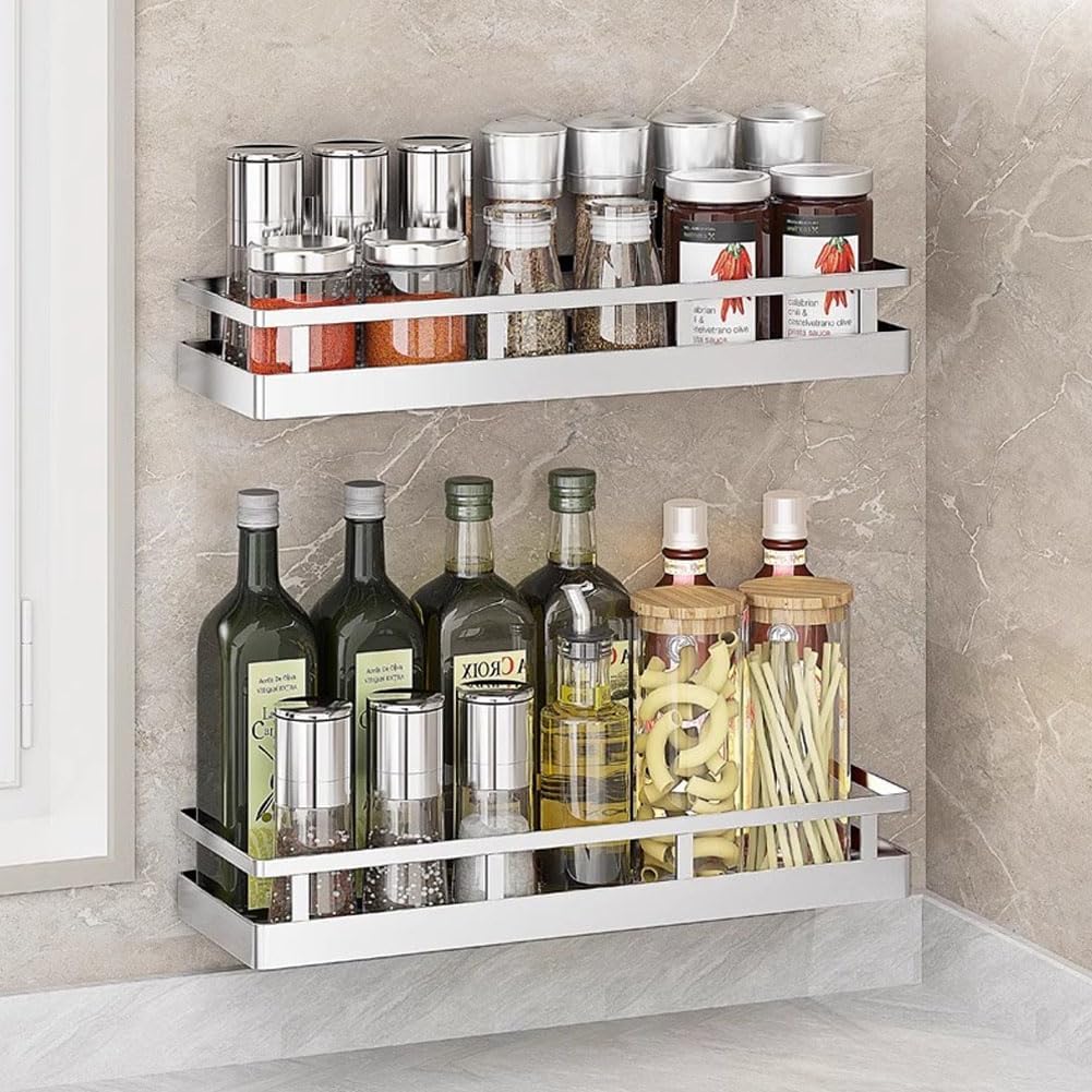 2PCS Kitchen Spice Rack, SUS304 Stainless steel Wall Mount Storage Rack, Seasoning Container