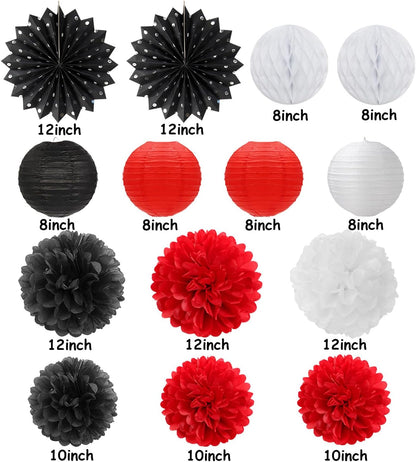Black White-Red Party-Decorations Streamers Lanterns - 14pcs Birthday Graduation 2025 Paper